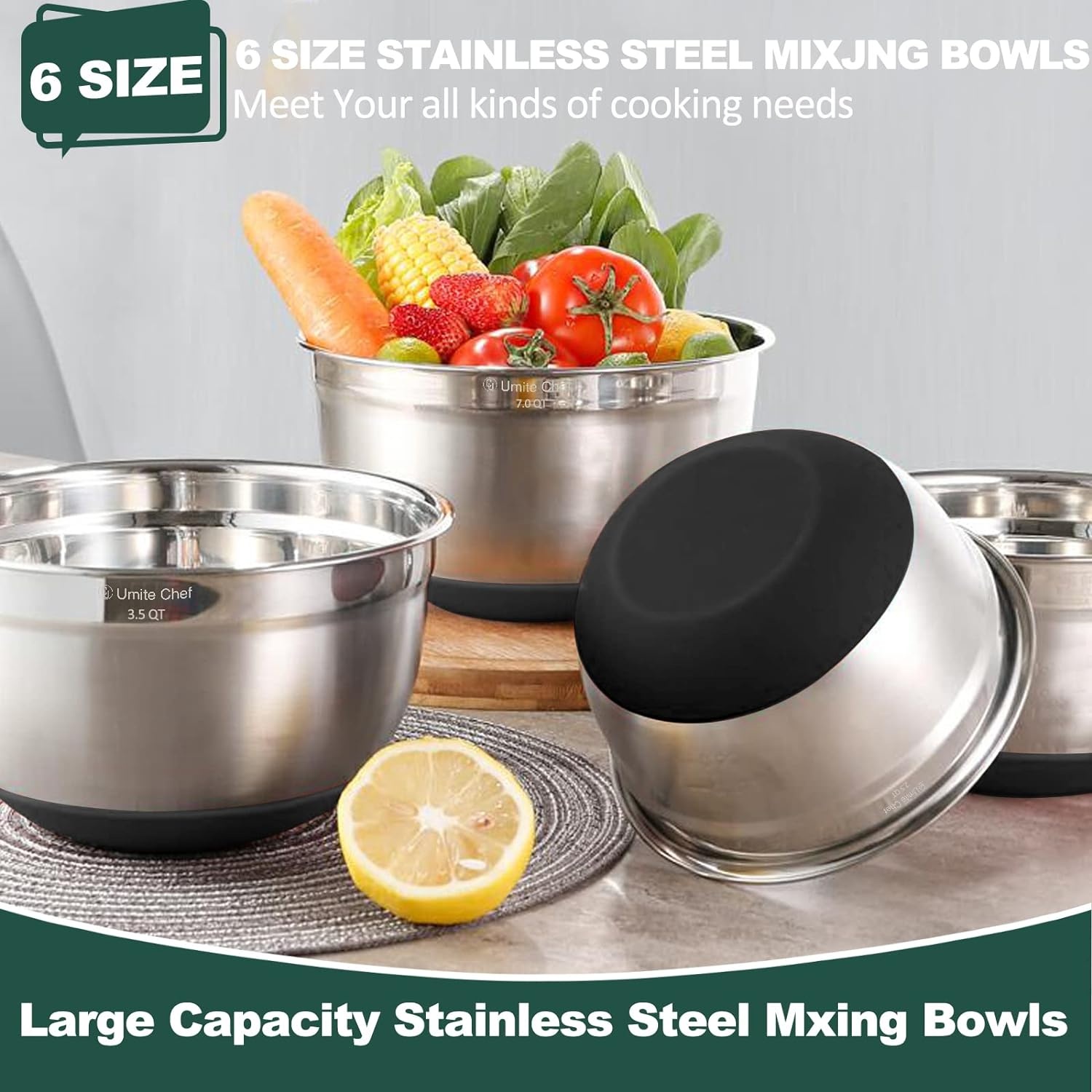 image:imageUmite Chef Mixing Bowls with Airtight Lids6 piece Stainless Steel Metal Nesting Storage Bowls NonSlip Bottoms Size 7 35 25 2015 1QT Great for Mixing amp ServingBlackBlack