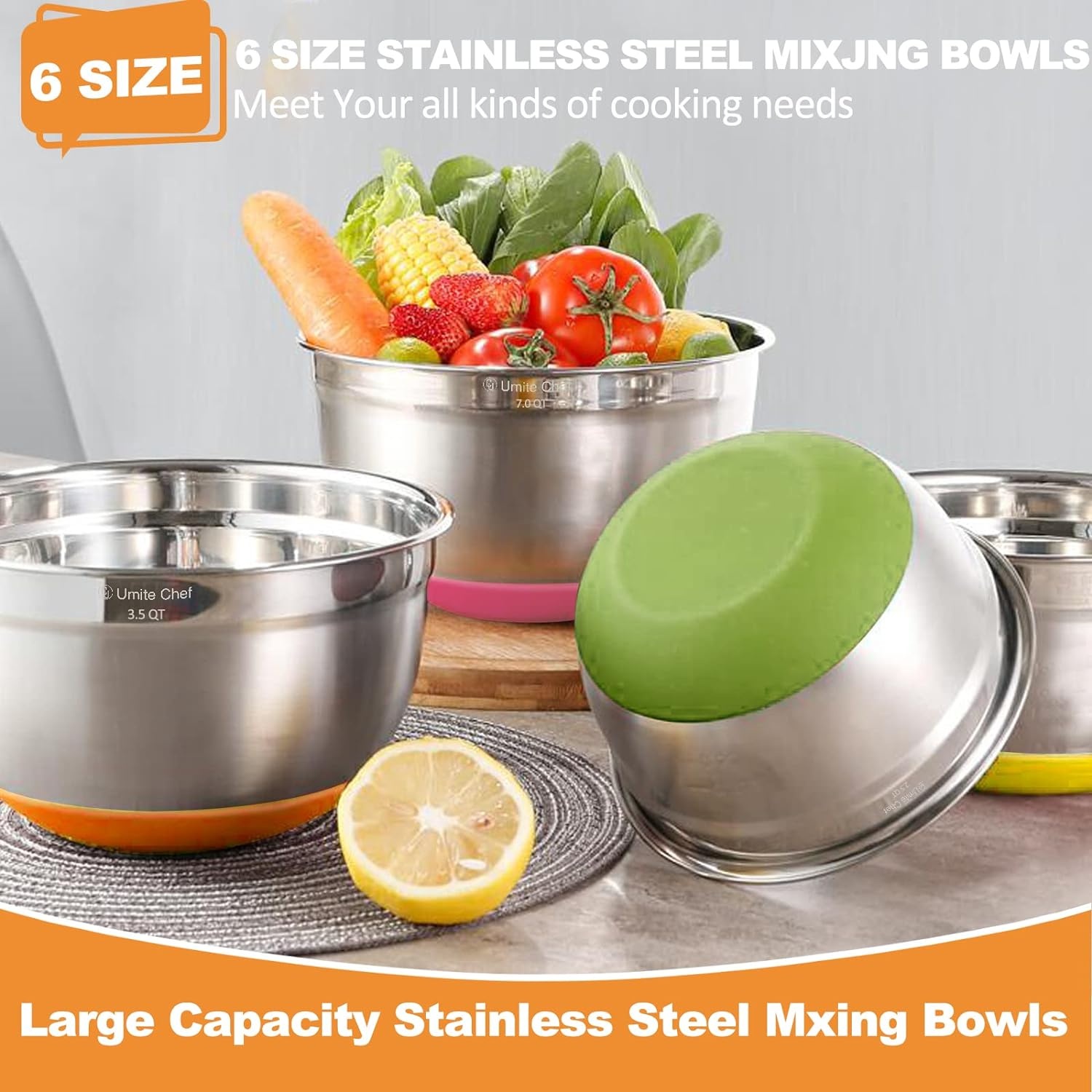 image:imageUmite Chef Mixing Bowls with Airtight Lids6 piece Stainless Steel Metal Nesting Storage Bowls NonSlip Bottoms Size 7 35 25 2015 1QT Great for Mixing amp ServingBlackMulticolor