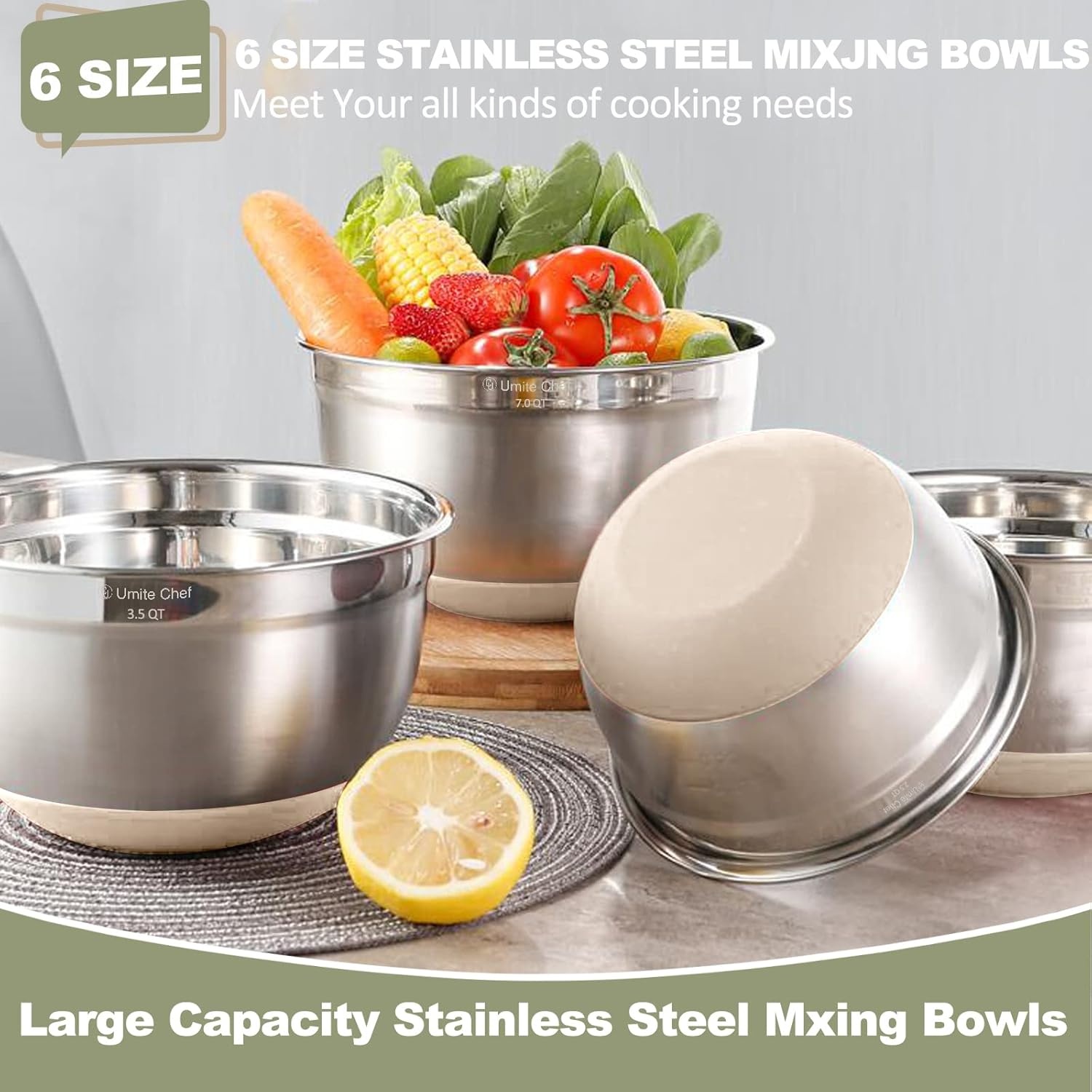 image:imageUmite Chef Mixing Bowls with Airtight Lids6 piece Stainless Steel Metal Nesting Storage Bowls NonSlip Bottoms Size 7 35 25 2015 1QT Great for Mixing amp ServingBlackKhaki