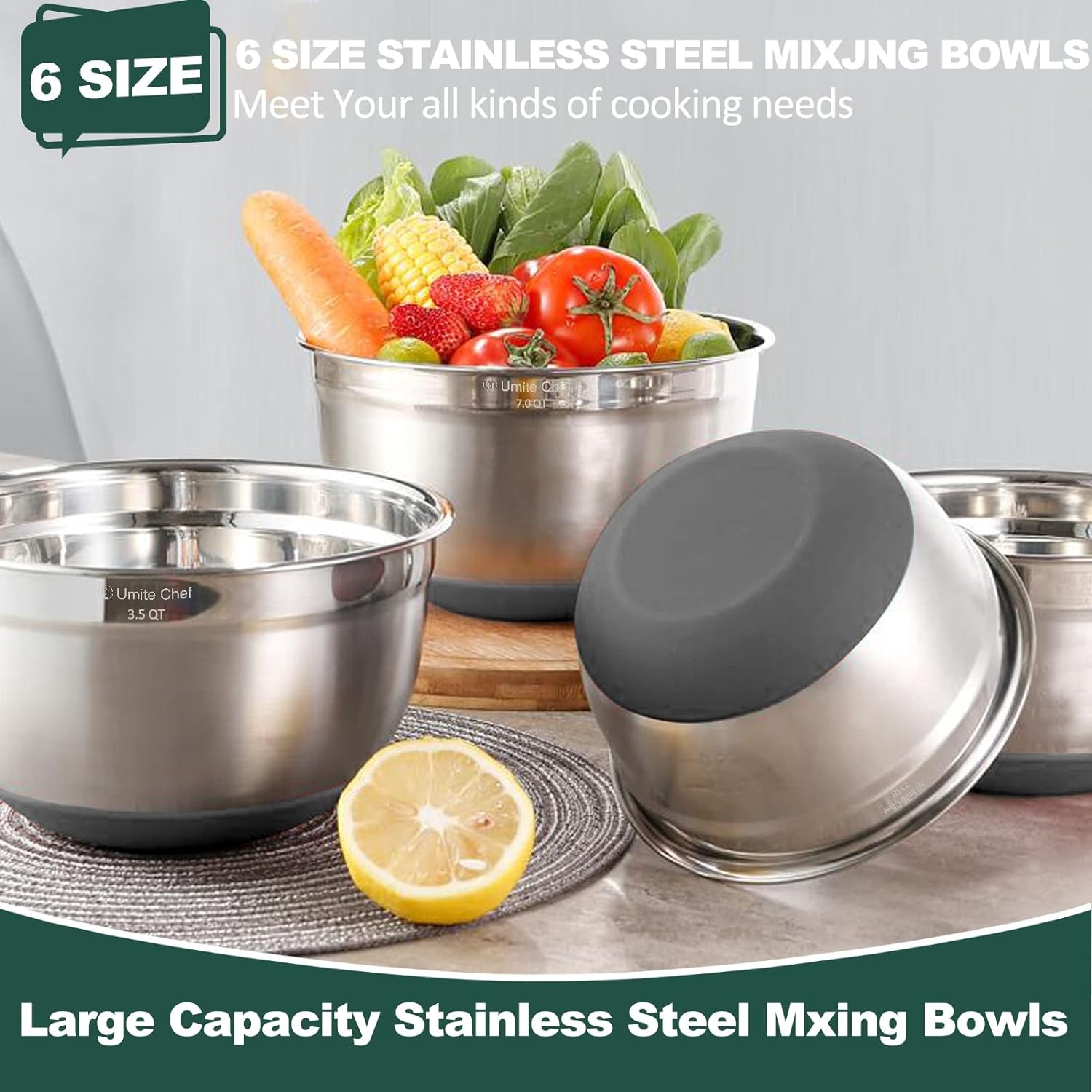 image:imageUmite Chef Mixing Bowls with Airtight Lids6 piece Stainless Steel Metal Nesting Storage Bowls NonSlip Bottoms Size 7 35 25 2015 1QT Great for Mixing amp ServingBlackGray