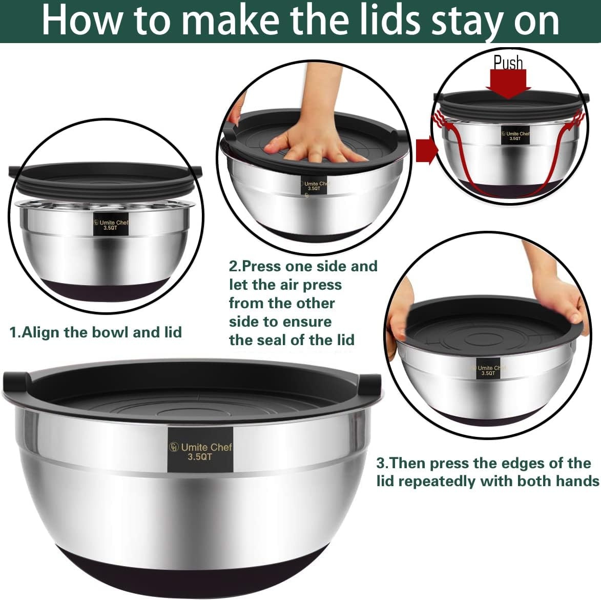 image:imageUmite Chef Mixing Bowls with Airtight Lids6 piece Stainless Steel Metal Nesting Storage Bowls NonSlip Bottoms Size 7 35 25 2015 1QT Great for Mixing amp ServingBlackBlack