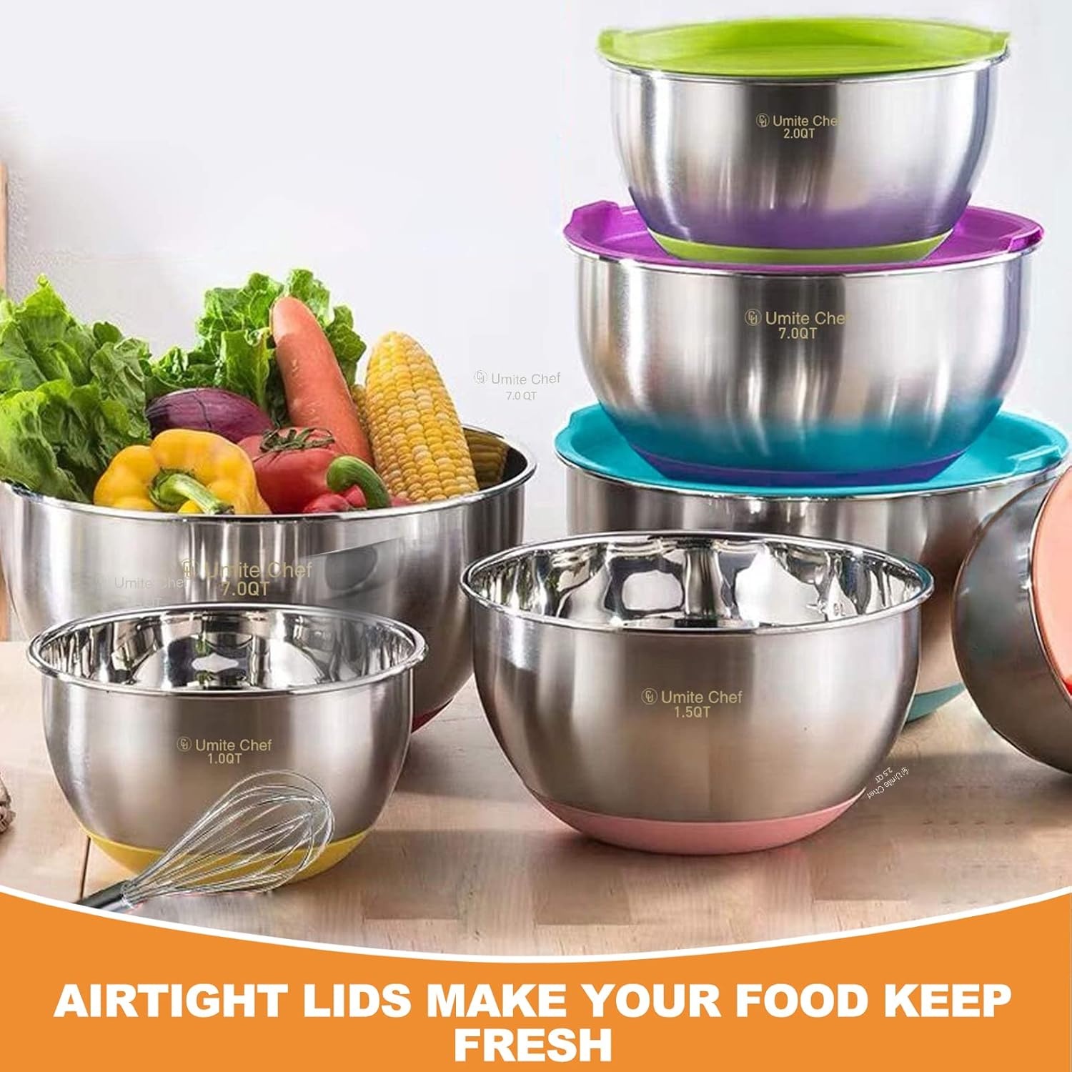 image:imageUmite Chef Mixing Bowls with Airtight Lids6 piece Stainless Steel Metal Nesting Storage Bowls NonSlip Bottoms Size 7 35 25 2015 1QT Great for Mixing amp ServingBlackMulticolor