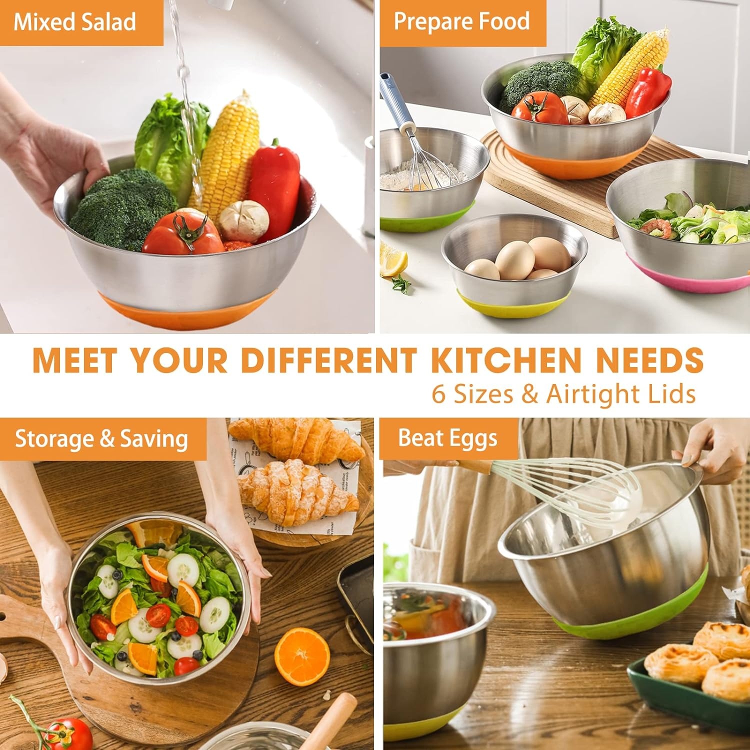 image:imageUmite Chef Mixing Bowls with Airtight Lids6 piece Stainless Steel Metal Nesting Storage Bowls NonSlip Bottoms Size 7 35 25 2015 1QT Great for Mixing amp ServingBlackMulticolor