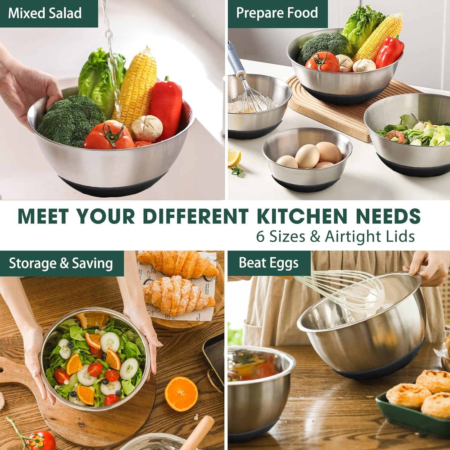 image:imageUmite Chef Mixing Bowls with Airtight Lids6 piece Stainless Steel Metal Nesting Storage Bowls NonSlip Bottoms Size 7 35 25 2015 1QT Great for Mixing amp ServingBlackBlack