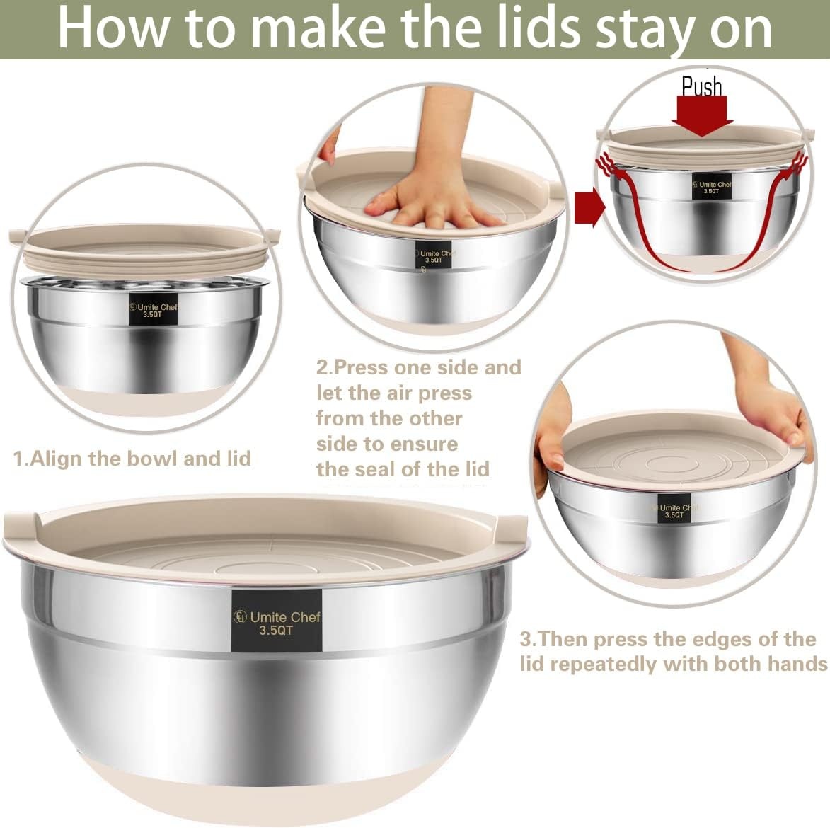 image:imageUmite Chef Mixing Bowls with Airtight Lids6 piece Stainless Steel Metal Nesting Storage Bowls NonSlip Bottoms Size 7 35 25 2015 1QT Great for Mixing amp ServingBlackKhaki