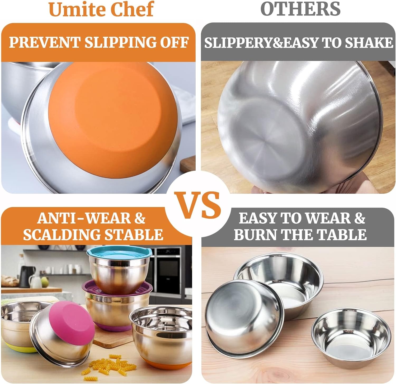 image:imageUmite Chef Mixing Bowls with Airtight Lids6 piece Stainless Steel Metal Nesting Storage Bowls NonSlip Bottoms Size 7 35 25 2015 1QT Great for Mixing amp ServingBlackMulticolor
