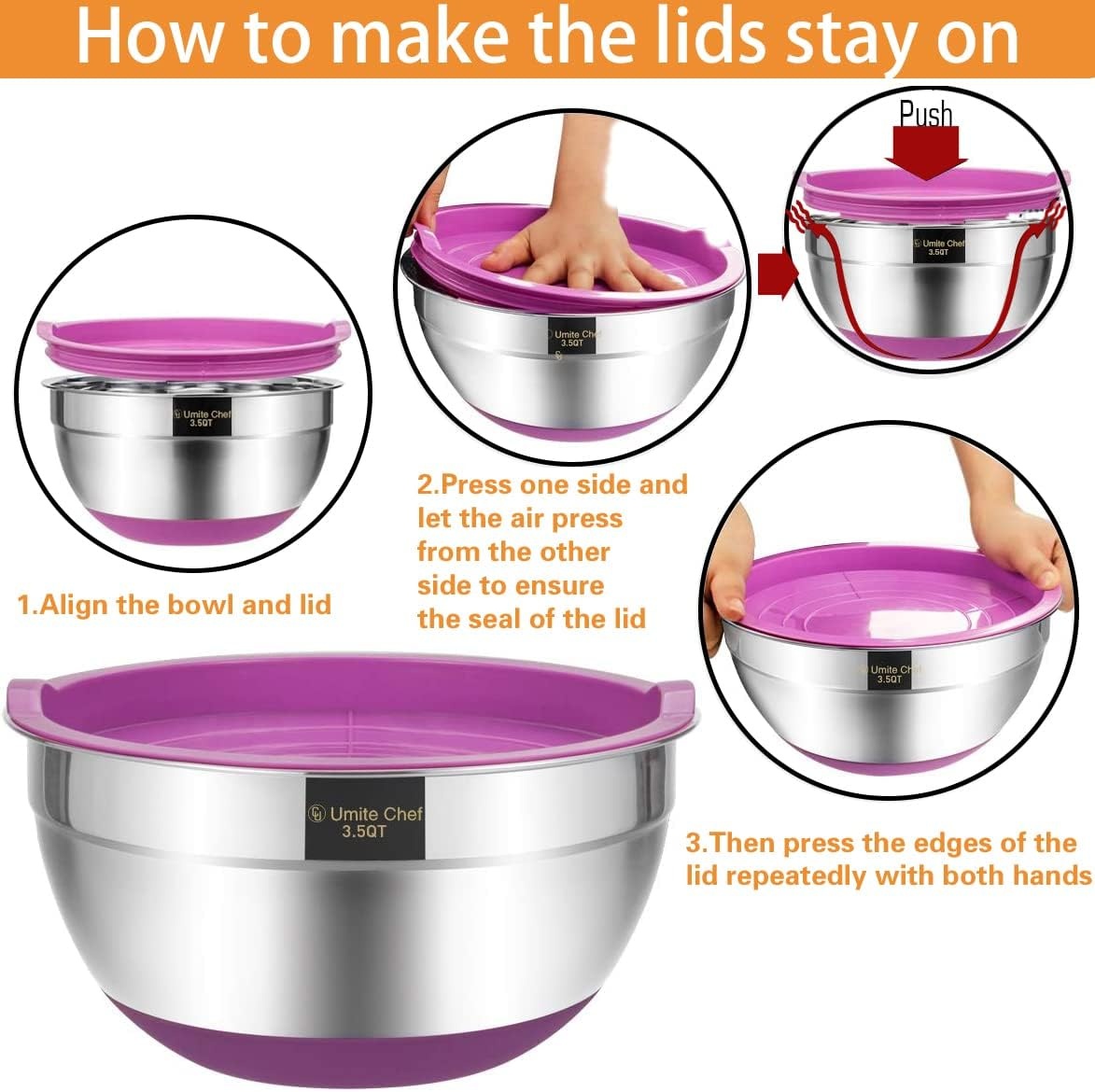 image:imageUmite Chef Mixing Bowls with Airtight Lids6 piece Stainless Steel Metal Nesting Storage Bowls NonSlip Bottoms Size 7 35 25 2015 1QT Great for Mixing amp ServingBlackMulticolor