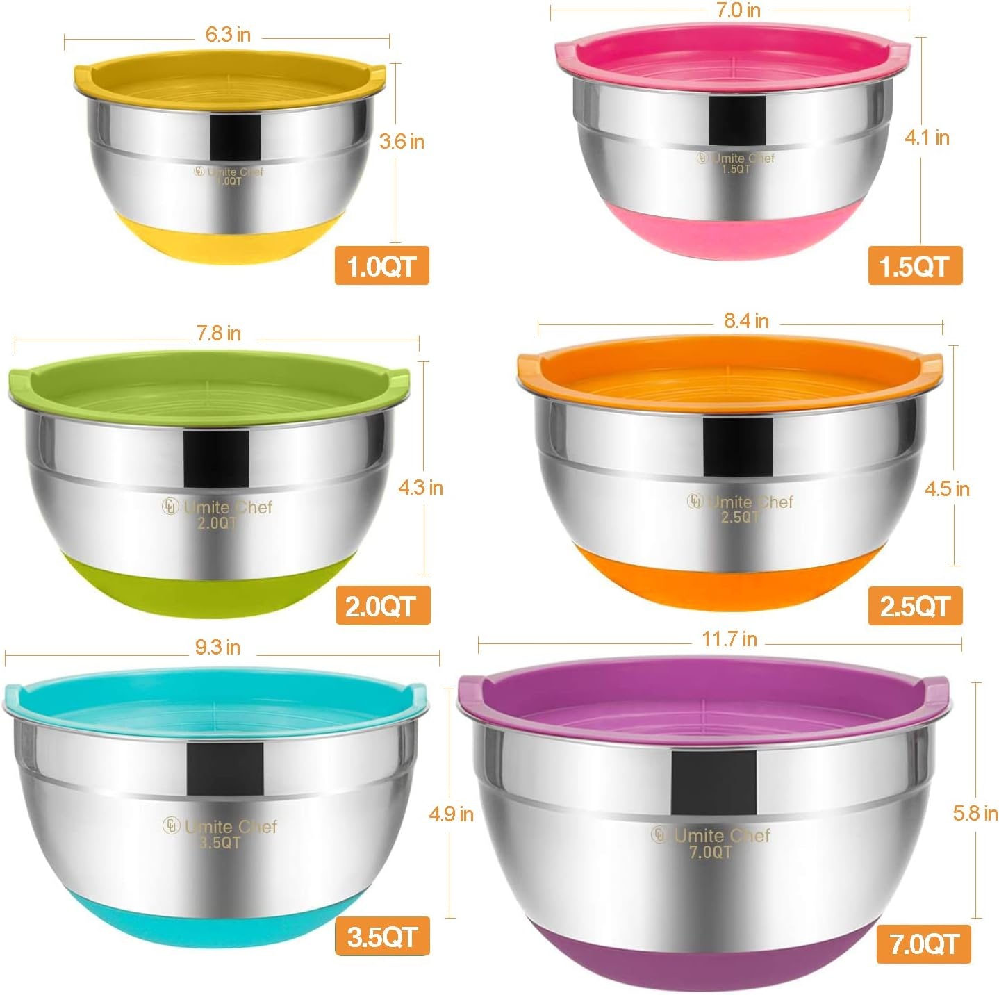 image:imageUmite Chef Mixing Bowls with Airtight Lids6 piece Stainless Steel Metal Nesting Storage Bowls NonSlip Bottoms Size 7 35 25 2015 1QT Great for Mixing amp ServingBlackMulticolor