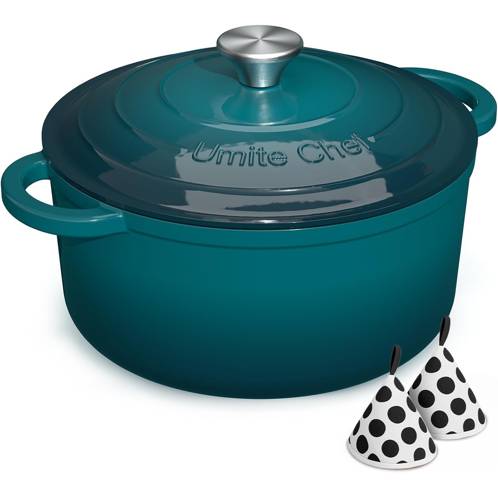 image:imageEnameled Cast Iron Dutch Oven Umite Chef 5QT Pot with Lid amp Cotton Potholders HeavyDuty Cookware for Bread Baking Braising Stews RoastingCream WhiteEmerald