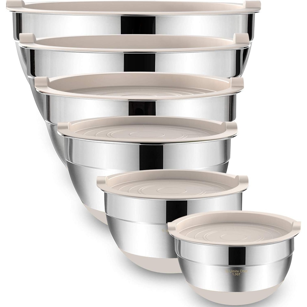 image:imageUmite Chef Mixing Bowls with Airtight Lids 6 piece Stainless Steel Metal Nesting Storage Bowls NonSlip Bottoms Size 7 35 25 2015 1QT Great for Mixing amp Serving KhakiKhaki