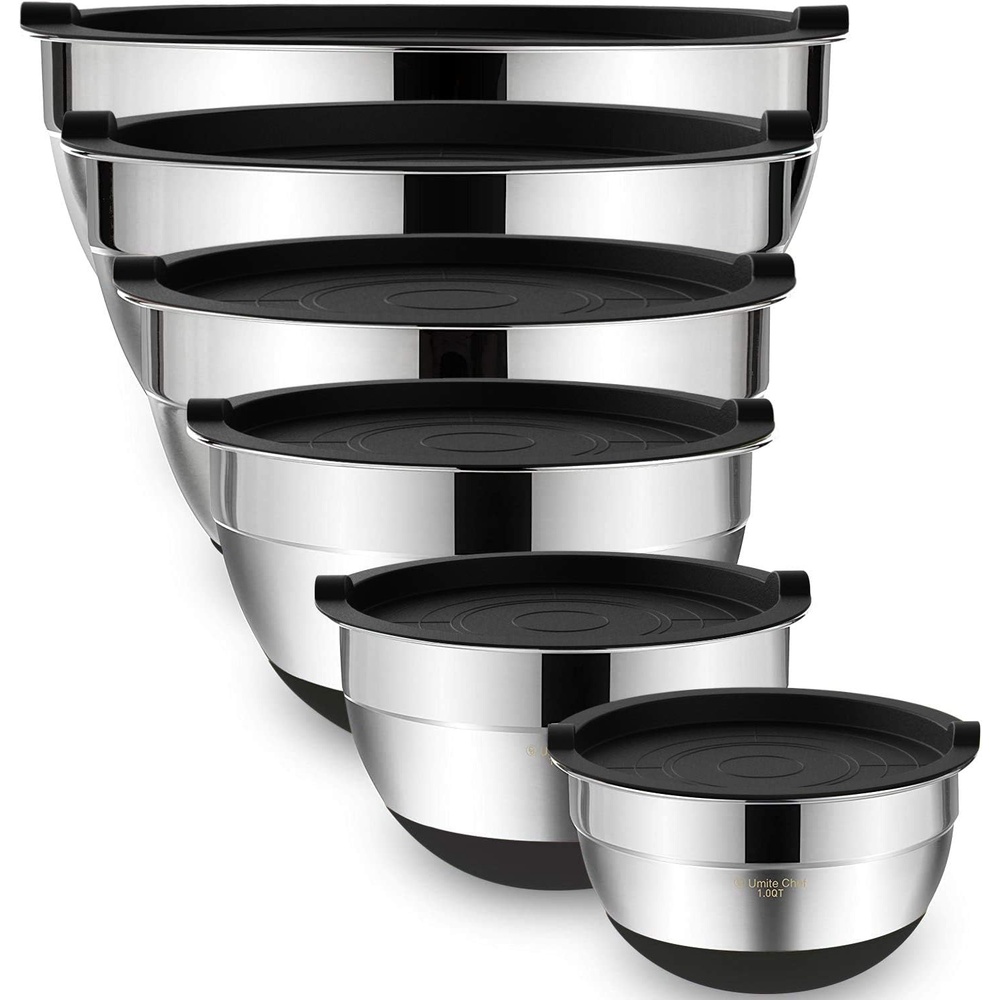 image:imageUmite Chef Mixing Bowls with Airtight Lids 6 piece Stainless Steel Metal Nesting Storage Bowls NonSlip Bottoms Size 7 35 25 2015 1QT Great for Mixing amp Serving KhakiBlack