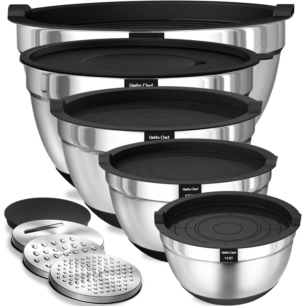 image:imageUmite Chef Mixing Bowls with Airtight Lids Set 8PCS Stainless Steel Nesting Bowls with Grater Attachments NonSlip Bottoms 5 4 35 2 15QT for Mixing amp ServingBlack