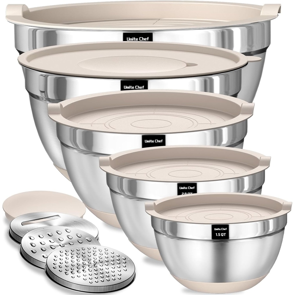 image:imageUmite Chef Mixing Bowls with Airtight Lids Set 8PCS Stainless Steel Nesting Bowls with Grater Attachments NonSlip Bottoms 5 4 35 2 15QT for Mixing amp ServingKhaki