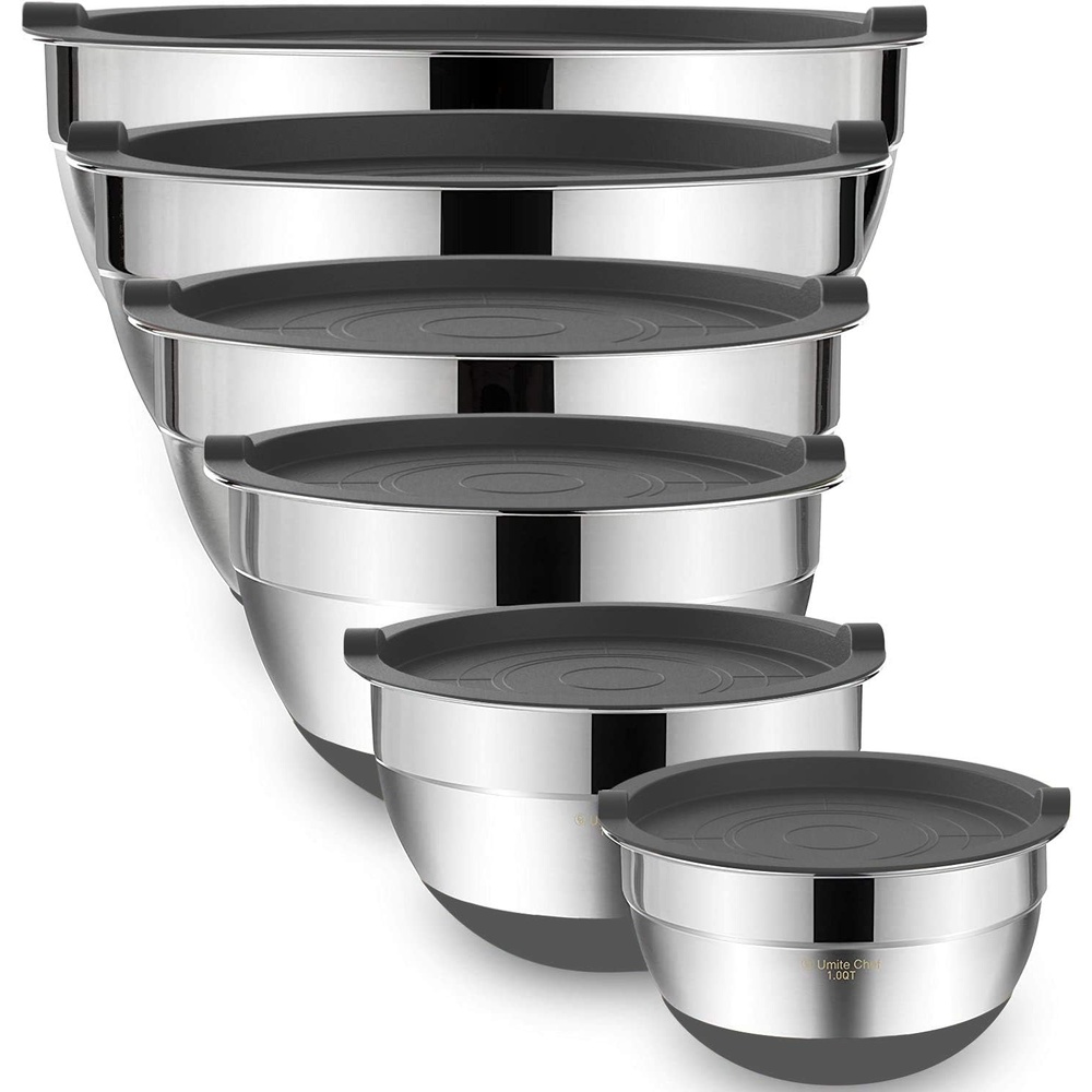 image:imageUmite Chef Mixing Bowls with Airtight Lids6 piece Stainless Steel Metal Nesting Storage Bowls NonSlip Bottoms Size 7 35 25 2015 1QT Great for Mixing amp ServingBlackGray