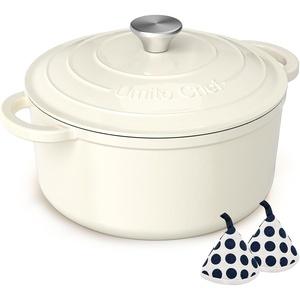 image:imageEnameled Cast Iron Dutch Oven  Umite Chef 5QT Pot with Lid amp Cotton Potholders  HeavyDuty Cookware for Bread Baking Braising Stews RoastingCream WhiteCream White
