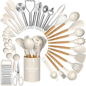 image:imageKitchen Utensils Set 34PCS Silicone Cooking Utensil with Holder Umite Chef Heat Resistant Kitchen Spatula Set for Nonstick Cookware Black Wooden Handles Kitchen Gadgets Tools SetKhaki