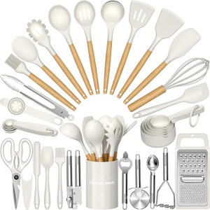 image:imageKitchen Utensils Set 34PCS Silicone Cooking Utensil with Holder Umite Chef Heat Resistant Kitchen Spatula Set for Nonstick Cookware Black Wooden Handles Kitchen Gadgets Tools SetCream White