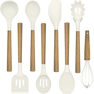 image:imageSilicone Cooking Utensil Set Umite Chef 8Piece Kitchen Utensils Set with Natural Acacia Wooden HandlesFoodGradeSilicone Kitchen Gadgets Spatulas Set for Nonstick Cookware BlackWhite