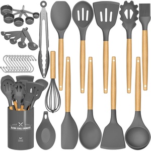 image:imageUmite Chef Kitchen Cooking Utensils Set 33 pcs Nonstick Silicone Cooking Kitchen Utensils Spatula Set with Holder Wooden Handle Silicone Kitchen Gadgets Utensil Set Cream WhiteGray