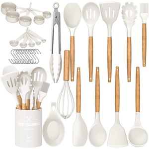image:imageUmite Chef Kitchen Cooking Utensils Set 33 pcs Nonstick Silicone Cooking Kitchen Utensils Spatula Set with Holder Wooden Handle Silicone Kitchen Gadgets Utensil Set Cream WhiteCream White