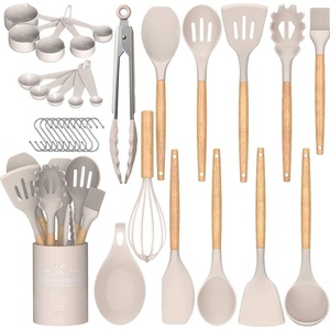 image:imageUmite Chef Kitchen Cooking Utensils Set 33 pcs Nonstick Silicone Cooking Kitchen Utensils Spatula Set with Holder Wooden Handle Silicone Kitchen Gadgets Utensil Set Cream WhiteKhaki