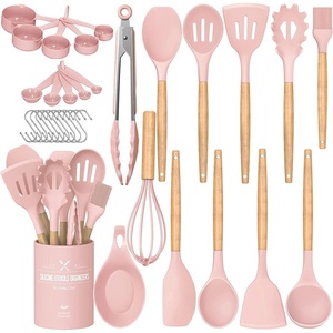 image:imageUmite Chef Kitchen Cooking Utensils Set 33 pcs Nonstick Silicone Cooking Kitchen Utensils Spatula Set with Holder Wooden Handle Silicone Kitchen Gadgets Utensil Set Cream WhitePink