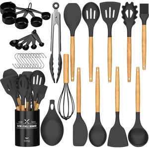 image:imageUmite Chef Kitchen Cooking Utensils Set 33 pcs Nonstick Silicone Cooking Kitchen Utensils Spatula Set with Holder Wooden Handle Silicone Kitchen Gadgets Utensil Set Cream WhiteBlack