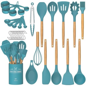 image:imageUmite Chef Kitchen Cooking Utensils Set 33 pcs Nonstick Silicone Cooking Kitchen Utensils Spatula Set with Holder Wooden Handle Silicone Kitchen Gadgets Utensil Set Cream WhiteDark Blue