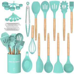 image:imageUmite Chef Kitchen Cooking Utensils Set 33 pcs Nonstick Silicone Cooking Kitchen Utensils Spatula Set with Holder Wooden Handle Silicone Kitchen Gadgets Utensil Set Cream WhiteGreen