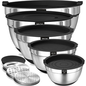 image:imageUmite Chef Mixing Bowls with Airtight Lids Set 8PCS Stainless Steel Nesting Bowls with Grater Attachments NonSlip Bottoms 5 4 35 2 15QT for Mixing amp ServingBlack