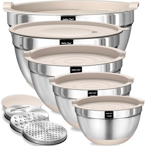image:imageUmite Chef Mixing Bowls with Airtight Lids Set 8PCS Stainless Steel Nesting Bowls with Grater Attachments NonSlip Bottoms 5 4 35 2 15QT for Mixing amp ServingKhaki